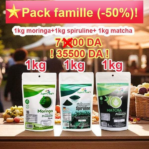 Mélange de superaliments en sachets de Moringa, Spiruline et Matcha, produits bio et de haute qualité pour booster votre santé et énergie. Offre familiale avec 50% de réduction. فوائد مورينجا سبيرولينا ماتشا باك للبيع في الجزائر